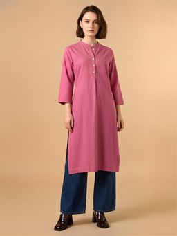 COTTONS DAILY - Watermelon Pink Solid Straight Long Kurta