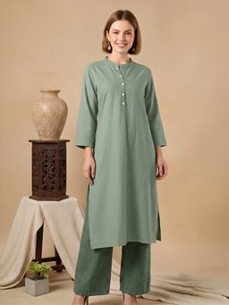 COTTONS DAILY - Smoke Green Solid Straight Long Kurta