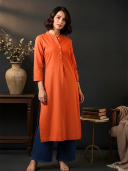 COTTONS DAILY - Saffron Orange Solid Straight Long Kurta