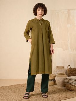COTTONS DAILY - Olive Green Solid Straight Long Kurta