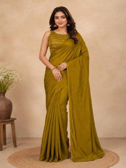 PMD FASHION - Olive Designer Festive Wear Crush Saree
