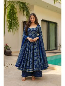 Wedani - Stylish Navy Blue Printed Anarkali With Palazzo & Dupatta