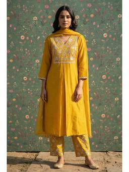 HERITAGE - Women's Mustard Modal Silk Embroidered Kurta With Pant & Dupatta