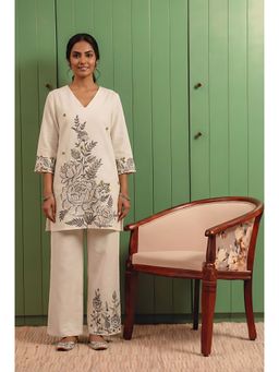 HERITAGE - Women's Ivory Cotton Embroidered Co-Ord Set