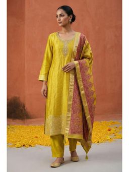 HERITAGE - Women's Golden Yellow Silk Kurta With Pant & Dupatta