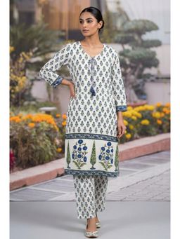 HERITAGE - Women's Indigo Green Hand Block Print Cotton Kurta And Pant