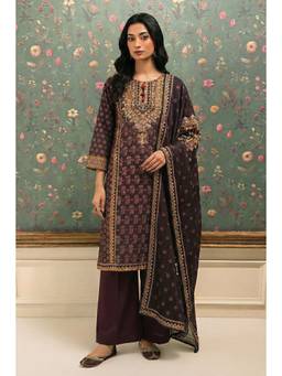 HERITAGE - Women's Dark Brown Mughal Print Kurta With Pant & Dupatta