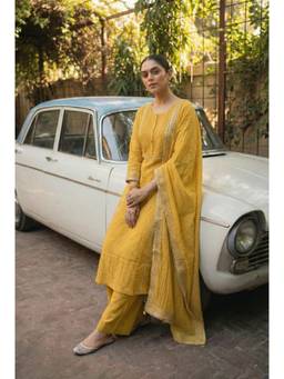 HERITAGE - Women's Lime Yellow Mul Chanderi Kurta With Pant & Dupatta