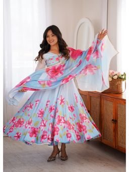 SAJAVAT ETHENIC WEAR - Cherry Blossom Blue Floral Kurta With Pant And Dupatta