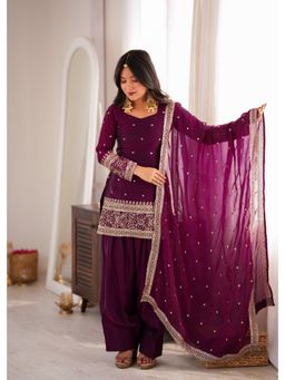 SAJAVAT ETHENIC WEAR - Wine Noor Embroidered Kurti And Salwar With Organza Dupatta