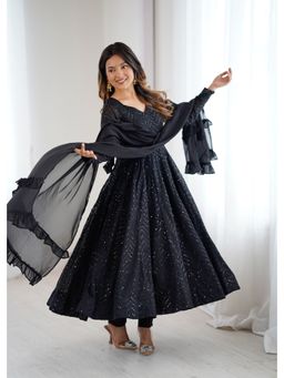 SAJAVAT ETHENIC WEAR - Women's Black Sequin Georgette Kurta With Pant And Dupatta