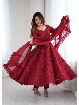 SAJAVAT ETHENIC WEAR - Women's Designer Maroon Flared Kurta With Pant And Dupatta