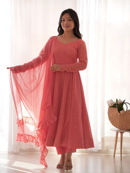 SAJAVAT ETHENIC WEAR - Women's Peach Embellished Kurta With Pant And Dupatta
