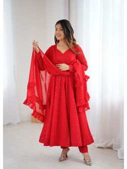 SAJAVAT ETHENIC WEAR - Red Sequin Occasion Kurta With Pant And Dupatta
