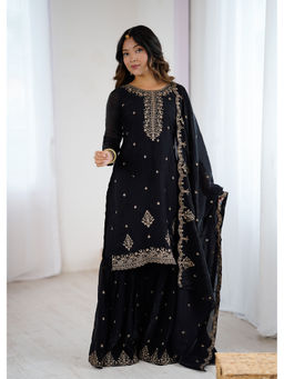 SAJAVAT ETHENIC WEAR - Women's Black Embroidered Kurta With Sharara And Dupatta