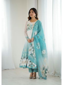 SAJAVAT ETHENIC WEAR - Women's Sky Floral Organza Kurta With Pant And Dupatta