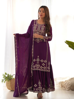 SAJAVAT ETHENIC WEAR - Women's Elegant Purple Occasion Kurta With Sharara And Dupatta
