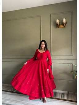 SAJAVAT ETHENIC WEAR - Women Red Embellished Flared Kurta With Pant And Dupatta