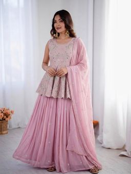 PMD FASHION - Women's Georgette Silk Stylish Pink Stitched Lehenga With Top And Dupatta