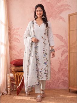 Yufta - Women's Light Green Linen Embroidered Kurta With Pant & Dupatta
