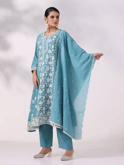 Shree - Women's Blue Poly Viscose Embroidered Kurta With Pant & Dupatta