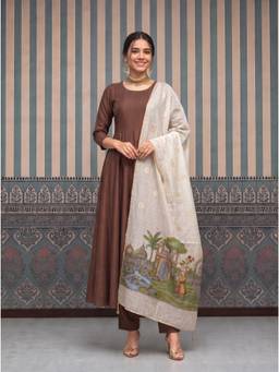 Yufta - Women's Brown Mul Chanderi Kurta With Pant & Dupatta
