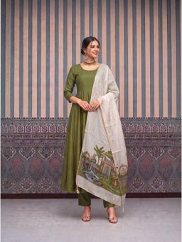 Yufta - Women's Green Mul Chanderi Kurta With Pant & Dupatta