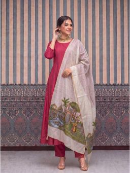 Yufta - Women's Cheery Red Chanderi Kurta With Pant & Dupatta