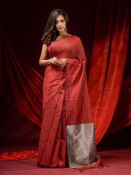 CHARUKRITI - Maroon Cotton Silk Handwoven Zari Stripes and Zari Pallu Saree with Unstitched Blouse