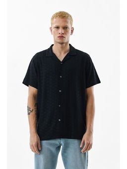 Snitch - Black Self-Design Half Sleeves Boxy Casual Shirt for Men