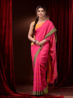 CHARUKRITI - Fuchsia Cotton Handspun Checkered Dual Borders Saree with Unstitched Blouse