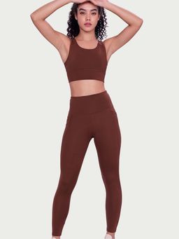 Enamor - High Rise Adjustable Drawstring Workout Brown Leggings For Women- A605