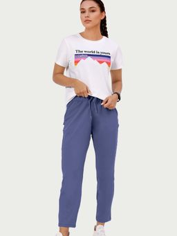 Enamor - Mid Rise Drawstring Closure Powder Blue Travel Pant For Women - E068