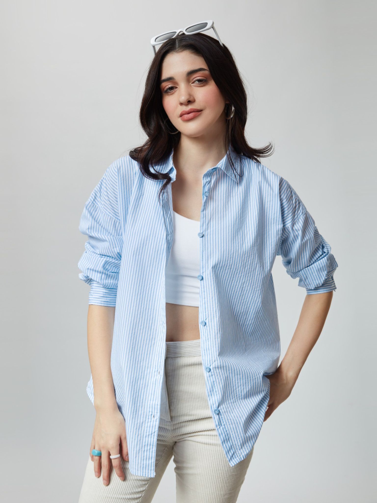 Solids Blue Stripes Cotton Women Boyfriend Shirt