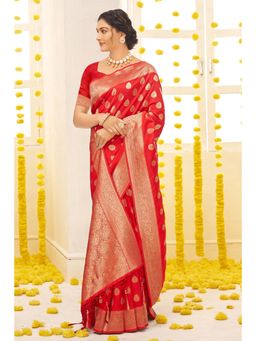 Sangam Prints - Red Silk Woven Zari Work Traditional Tassel Saree with Unstitched Blouse