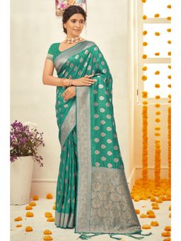 Sangam Prints - Rama Green Silk Woven Zari Work Traditional Tassel Saree with Unstitched Blouse