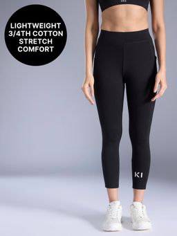 Kica - Cotton 3/4 Active Leggings with Side Pockets, Shape Retaining Fit & Comfort KIC517 Black