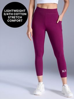 Kica - Cotton 3/4 Active Leggings with Side Pockets, Shape Retaining Fit & Comfort KIC517 Wine