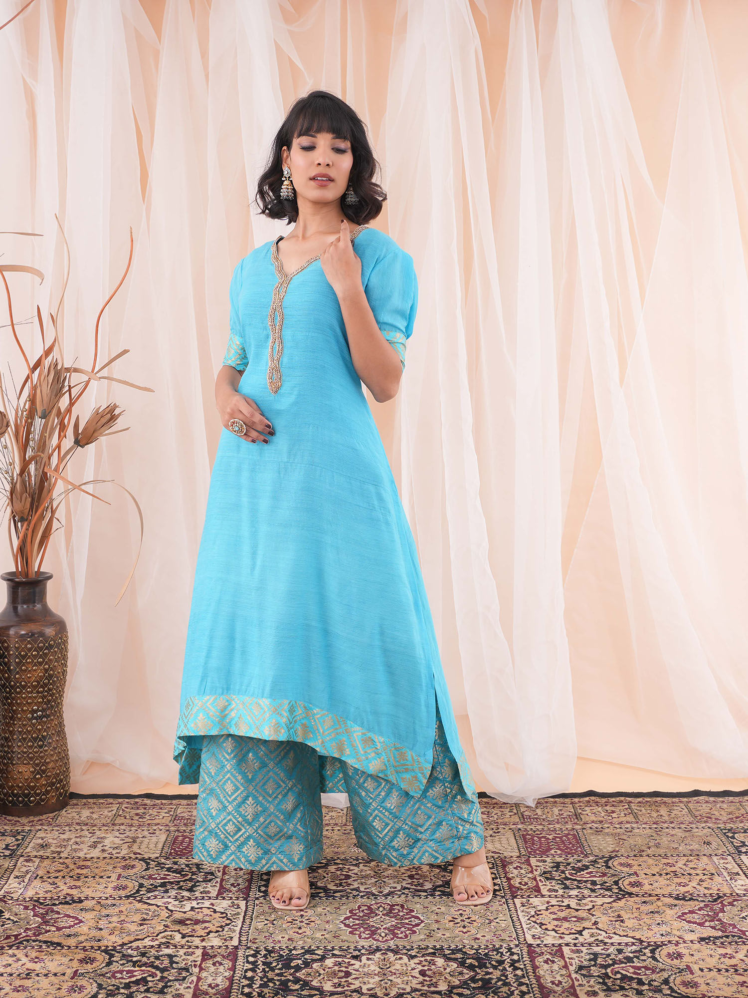 farha syed Teal Blue Kurta (Set of 3)-picture-34