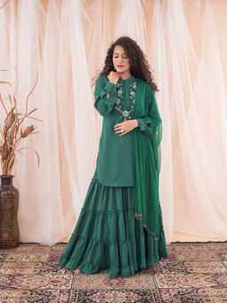 Farha Syed - Green Sharara Kurta (Set of 3)