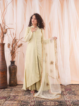 Farha Syed - Beige Flared Kurta (Set of 3)