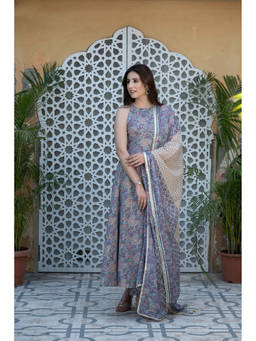 SAJILO - Powder Blue Floral Cotton Anarkali Kurta and Pant with Dupatta (Set of 3)