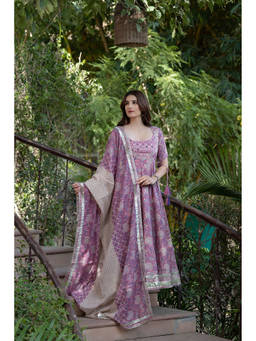 SAJILO - Lilac Love Floral Cotton Anarkali Kurta and Pant with Dupatta (Set of 3)