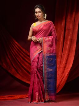 CHARUKRITI - Magenta Blended Cotton Woven Ethnic Motifs & Temple Borders Saree with Unstitched Blouse