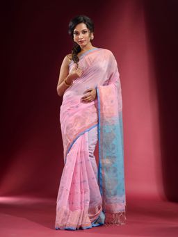 CHARUKRITI - Powder Pink with Zari Paisley and Floral Design Saree with Unstitched Blouse