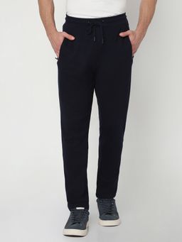 R&B - Navy Blue Cotton Plain Mid Waist Joggers