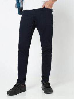 R&B - Navy Blue Cotton Men Mid Waist Chinos