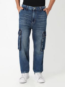 R&B - Men'S Blue Cotton Relaxed Fit Mid-Rise Distressed Cargo Jeans
