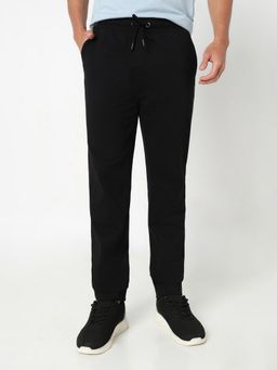 R&B - Black Cotton Plain Mid Waist Track Pant