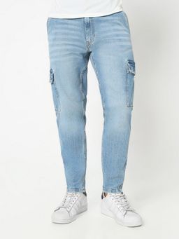 R&B - Men'S Blue Cotton Relaxed Mid-Rise Solid Cargo Jeans